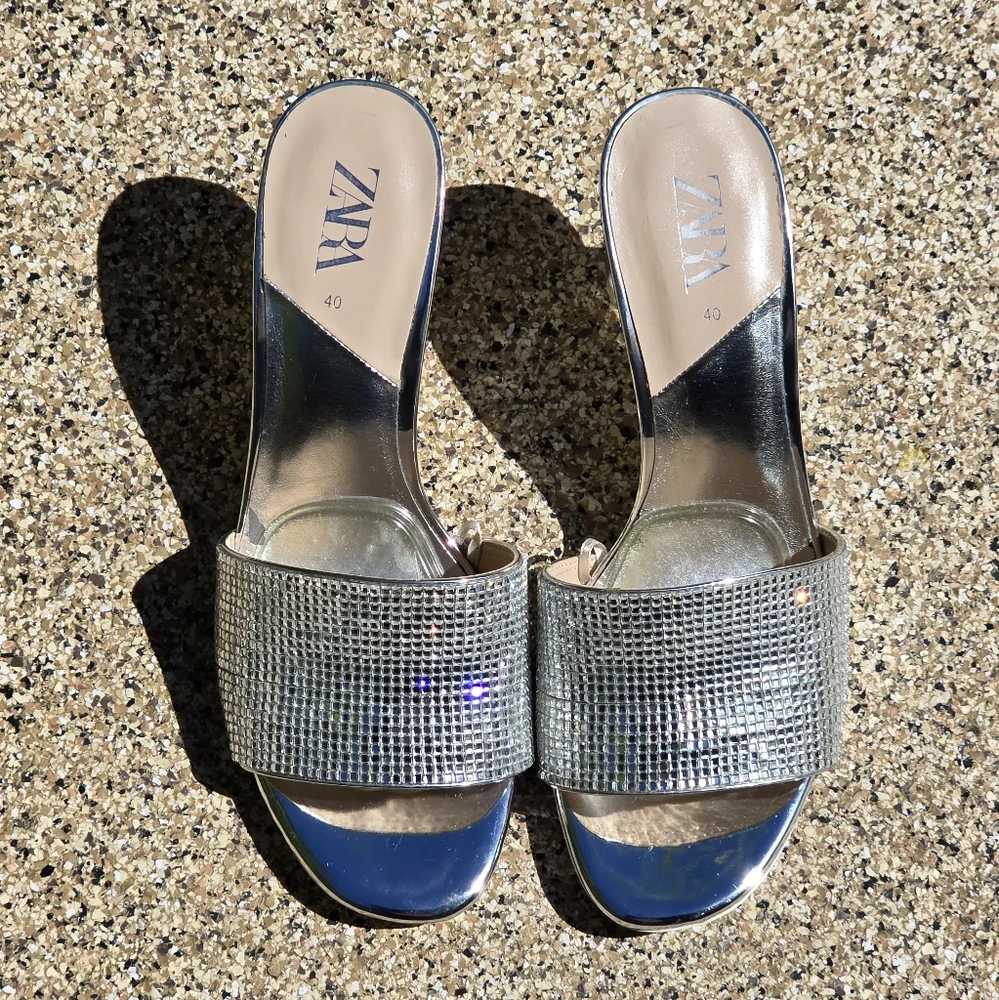 Zara Glamorous Sparkly Silver Heeled Sandals, Size 40 - Picture 11 of 14